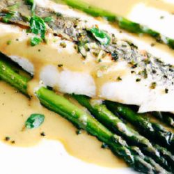 best grilled sea bass with truffle sauce and asparagus