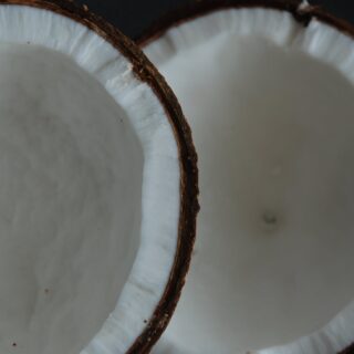 close up photograph of halved coconuts